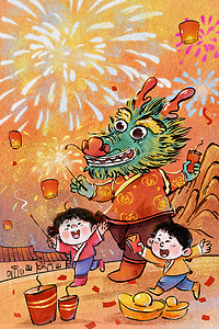 新年鞭炮手绘水墨新年春节龙放烟花与儿童可爱治愈系插画插画