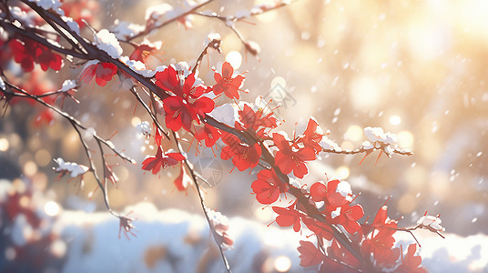 大雪中红色喜庆的卡通梅花背景图片