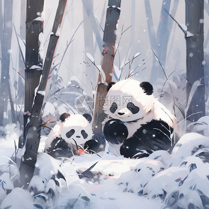 在雪地里玩耍的两只可爱的卡通大熊猫图片