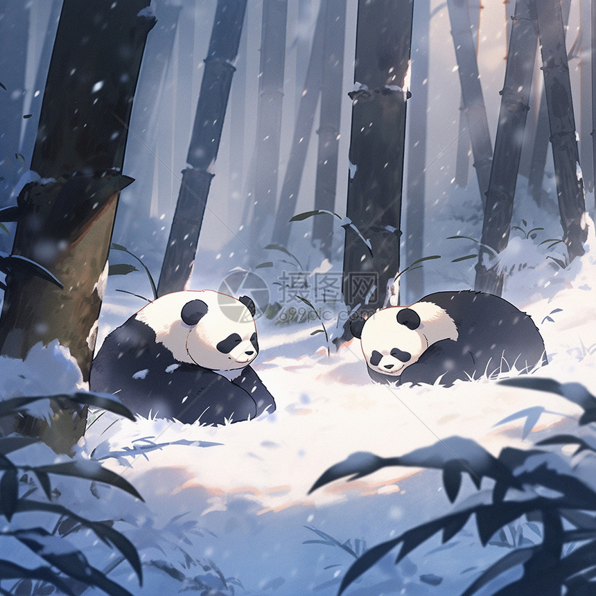 冬天在雪地里两只可爱的卡通大熊猫图片