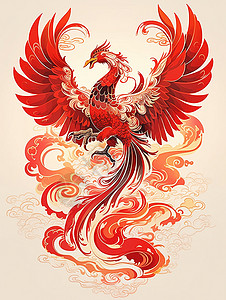 吉祥喜庆的卡通红色凤凰鸟背景图片