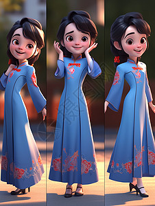 穿着深蓝色旗袍多个表情与动作的古风装扮卡通女孩背景图片