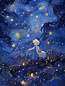 站在蓝色调梦幻星空下手拿着书的卡通小男孩背景图片