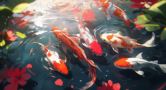 在清澈的湖泊里游泳的卡通锦鲤们高清图片