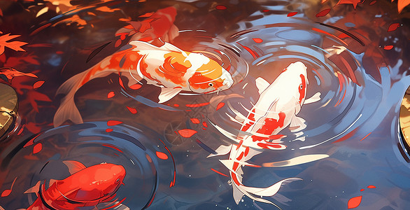 肥胖可爱的卡通鲤鱼在水里游泳插画