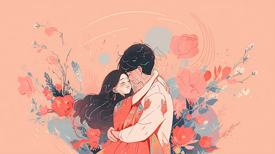 拥抱在一起情侣情人节拥抱在一起的扁平风甜蜜卡通情侣插画