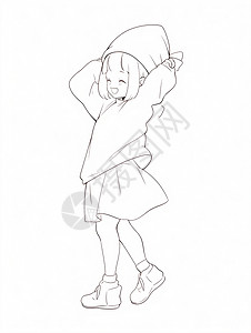 黑线稿山穿着短裙开心笑的可爱卡通小女孩线稿插画