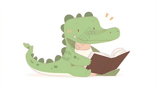 正在看书正在认真看书的绿色可爱卡通小恐龙插画