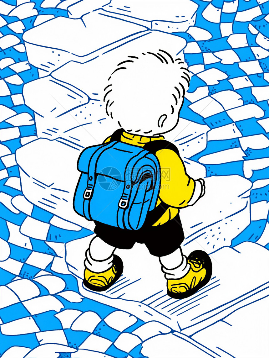 背着蓝色书包可爱的卡通小男孩背影图片