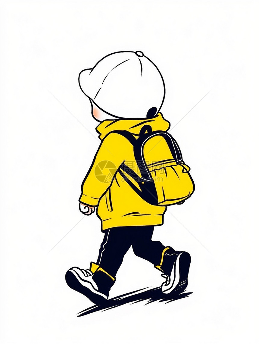 穿黄色卫衣背着书包走路的卡通小男孩背影图片