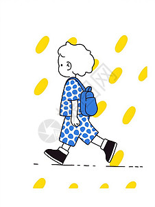 背着蓝色小书包穿着一身蓝色点点的卡通小男孩在走路背景图片