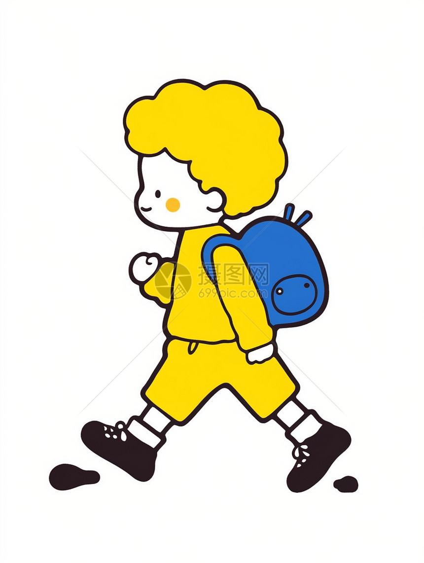穿着一身黄色衣服黄色头发可爱的卡通小男孩背着蓝色包在走路图片