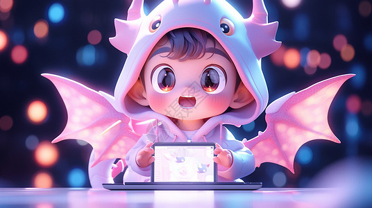穿着蝙蝠主题可爱的玩偶衣服的卡通小男孩在电脑前背景图片