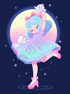 夜晚在月下穿着公主裙开心跳舞的卡通小女孩图片素材
