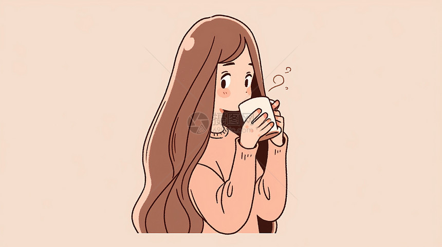 棕色长发小清新卡通女孩在喝热咖啡图片
