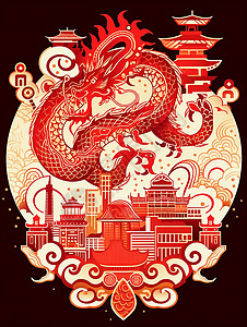 剪纸风红色喜庆的卡通城市上空一条飞舞的卡通龙背景图片