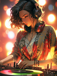 打碟DJ灯光下舞台上戴着耳麦打碟的时尚卡通女人插画