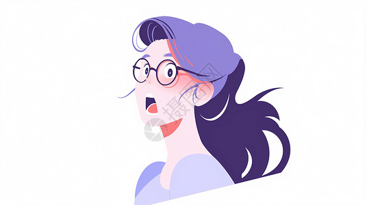 戴眼镜的女性紫色头发惊讶表情的卡通女人插画