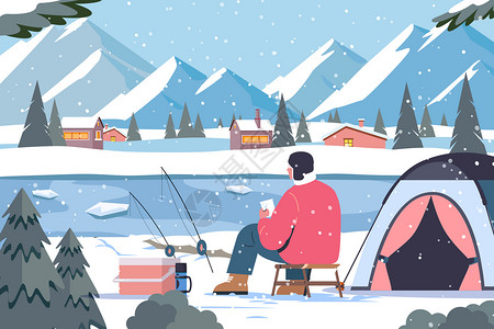 大寒节气冬季钓鱼露营背景图片