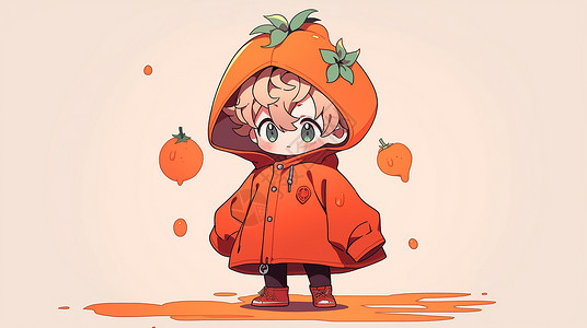 穿着橙色大大的外套西红柿主题可爱的卡通小男孩背景图片