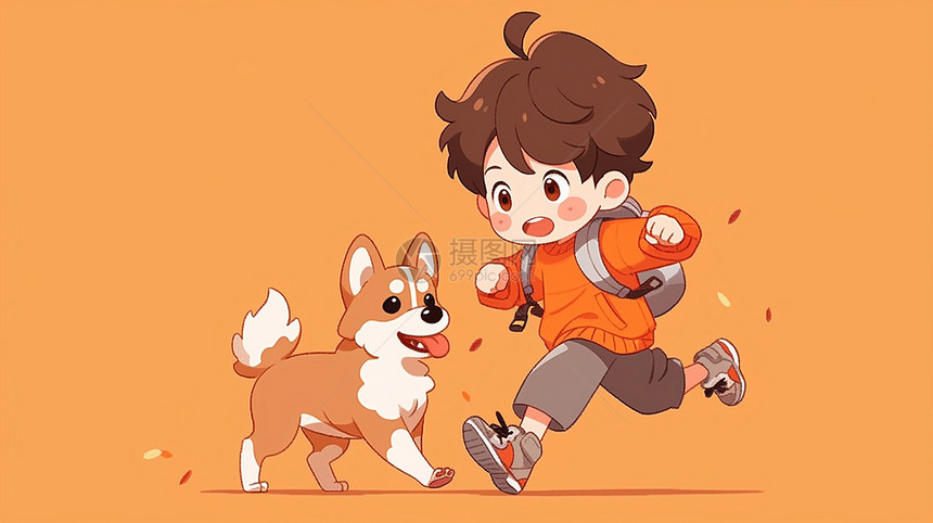 穿着橙色毛衣与小狗一起奔跑的卡通小男孩图片