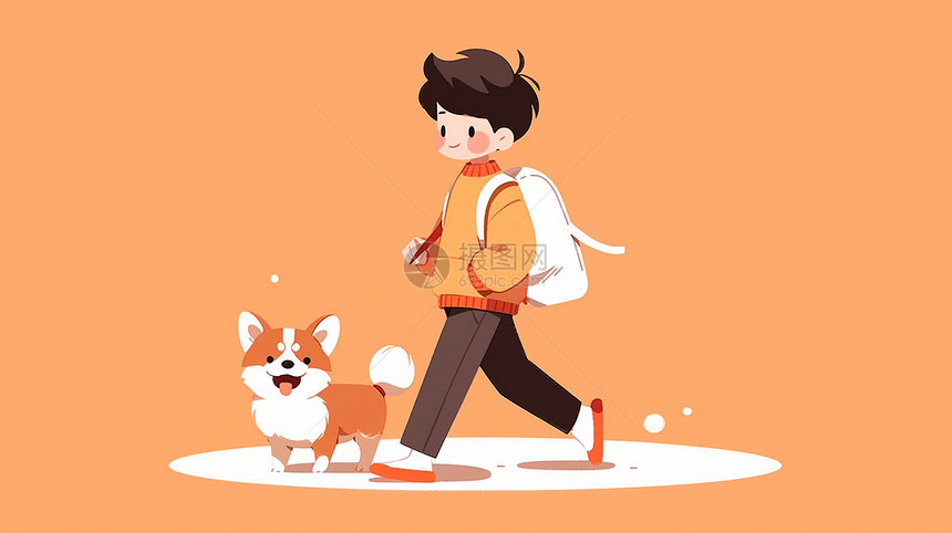 背着白色书包与宠物狗一起走路的卡通小男孩图片