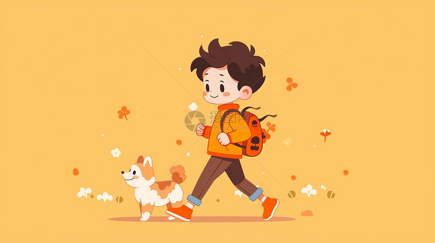 背着橙色书包与小狗悠闲散步的卡通小男孩图片