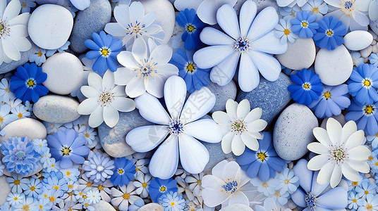 盛开的花朵与鹅卵石蓝色调卡通背景背景图片