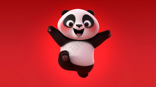 开心跳起毛茸茸的可爱立体卡通大熊猫背景图片