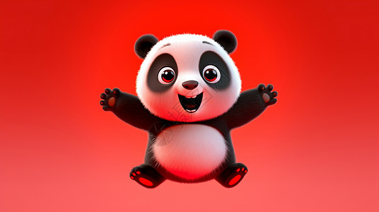 在红色背景上立体毛茸茸卡通大熊猫开心跳起高清图片
