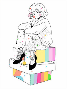 坐在彩虹色箱子上发呆的小清新卡通女孩背景图片