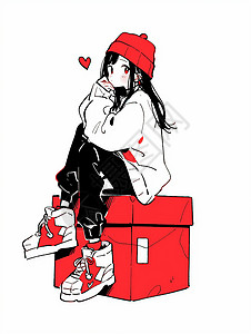 戴着红色帽子坐在红色箱子上小清新漂亮的卡通女孩背景图片