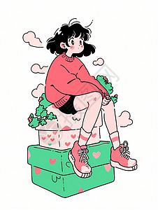 黑色头发短发坐在礼物盒上发呆的小清新卡通女孩高清图片