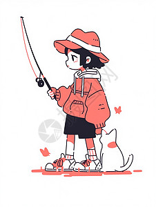 戴帽渔夫帽拿着钓鱼竿的卡通小女孩背景图片