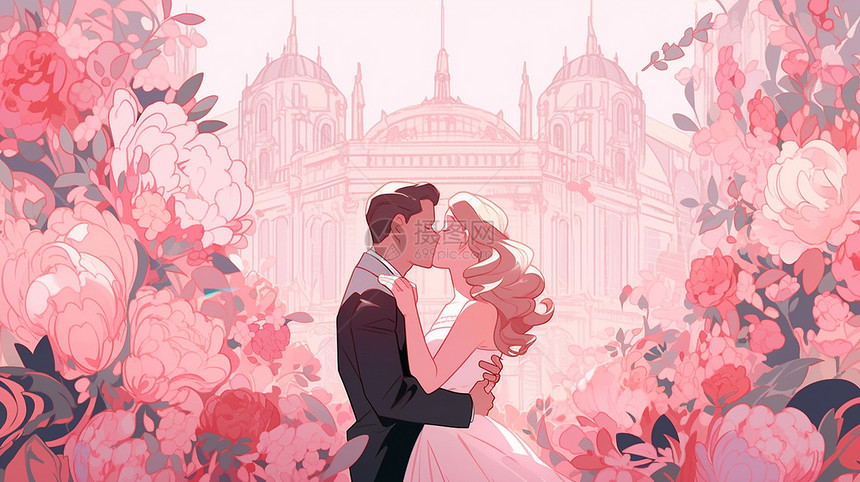 在粉色花丛中亲吻拥抱的甜蜜卡通情侣图片