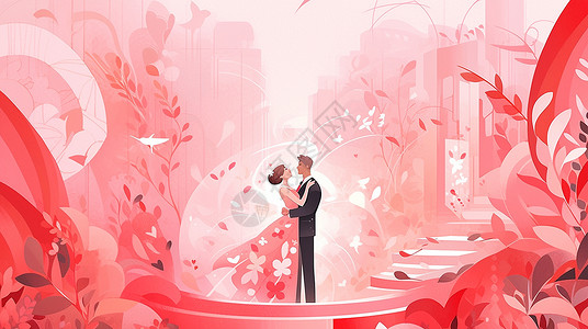 在粉色浪漫的花丛中跳舞的卡通情侣背景图片