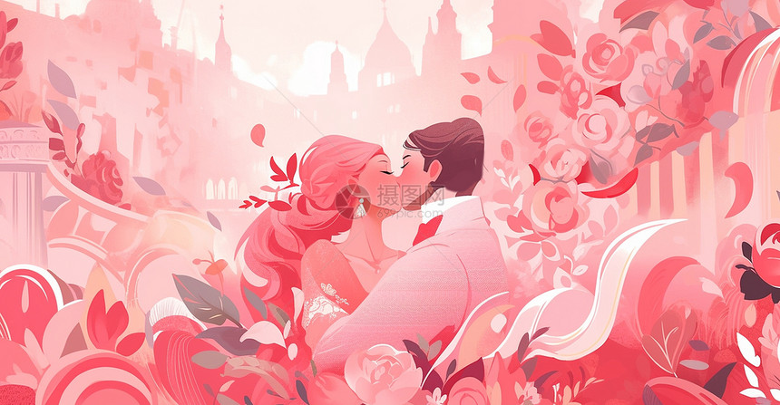 甜蜜亲吻的卡通情侣在粉色花丛中图片