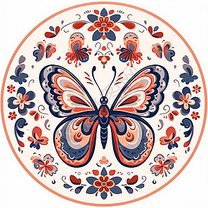 圆形起伏花纹圆形复古卡通图案一只张开翅膀的卡通蝴蝶插画