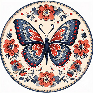 欧式花纹翅膀复古蓝色花纹张开翅膀的卡通蝴蝶图案插画