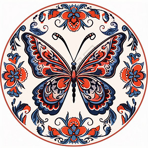 圆形起伏花纹圆形复古的卡通蝴蝶图案插画
