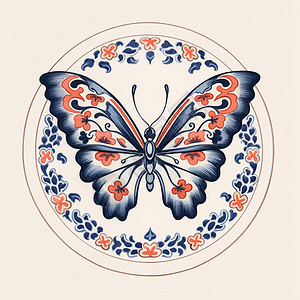 传统复古花纹简约漂亮的圆形卡通蝴蝶图案插画