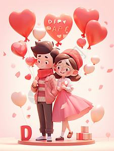 卡通爱心气球手拿着爱心气球开心笑的甜蜜卡通情侣插画