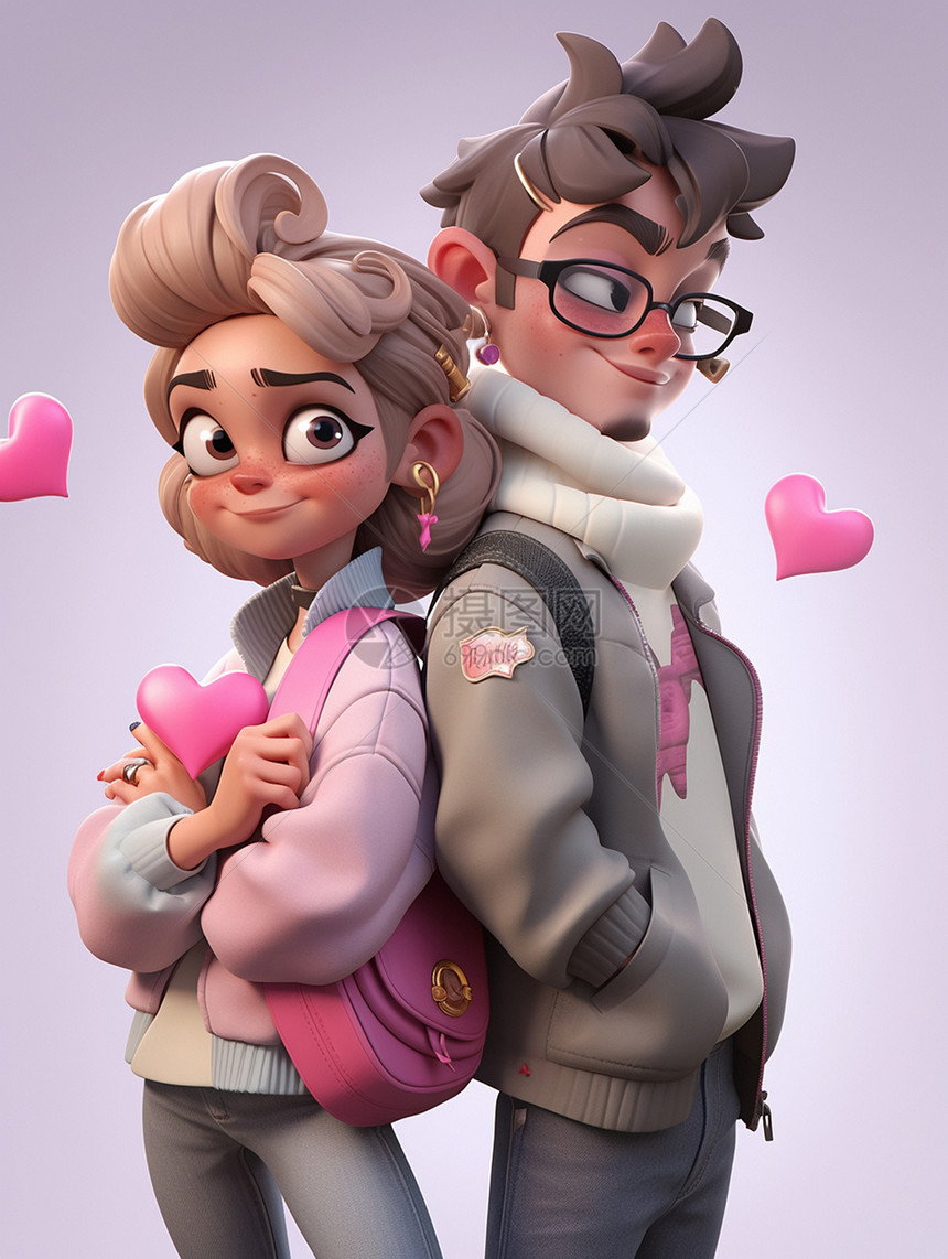 背对背站在一起的年轻卡通情侣背着包与漂浮的粉色爱心图片