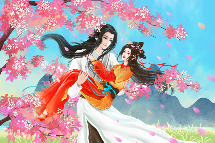 情人节古风情侣公主抱樱花树下场景插画图片