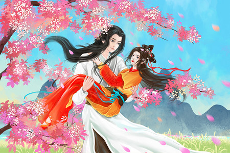 情人节古风情侣公主抱樱花树下场景插画背景图片