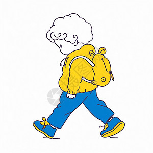 卷发男孩卷发背着黄色书包走路的卡通男孩插画