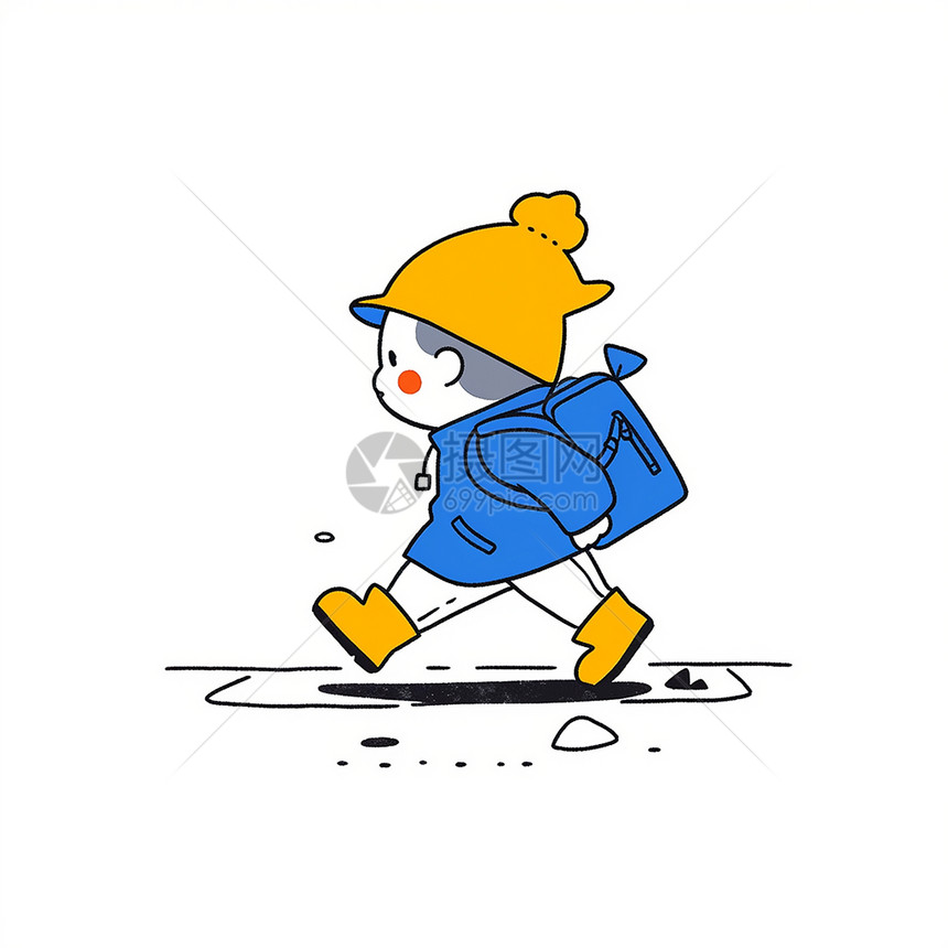 戴着黄色帽子走路的可爱卡通小男孩图片