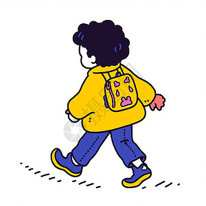 卷发男孩黑色卷发卡通小男孩背着小书包走路插画