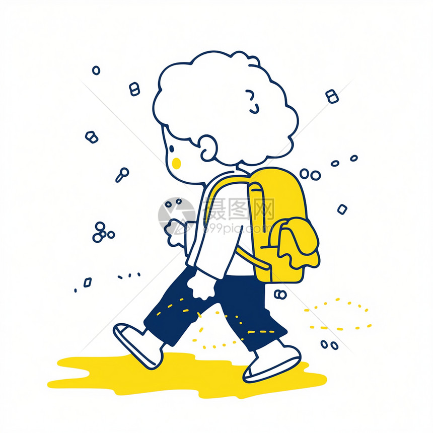 背着小黄书包开心走路的卡通小男孩图片
