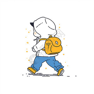 走路吃瓜的男孩背着黄色书包穿着白色卫衣去上学的卡通男孩背影插画